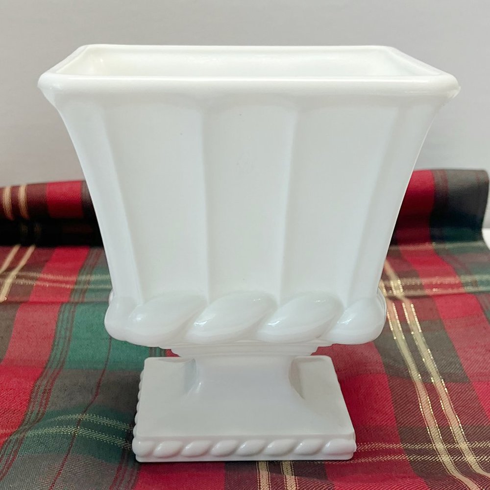 Vintage Planter Dish, Heavy Milk Glass, Ribbed Pedestal Vase, Rectangle
